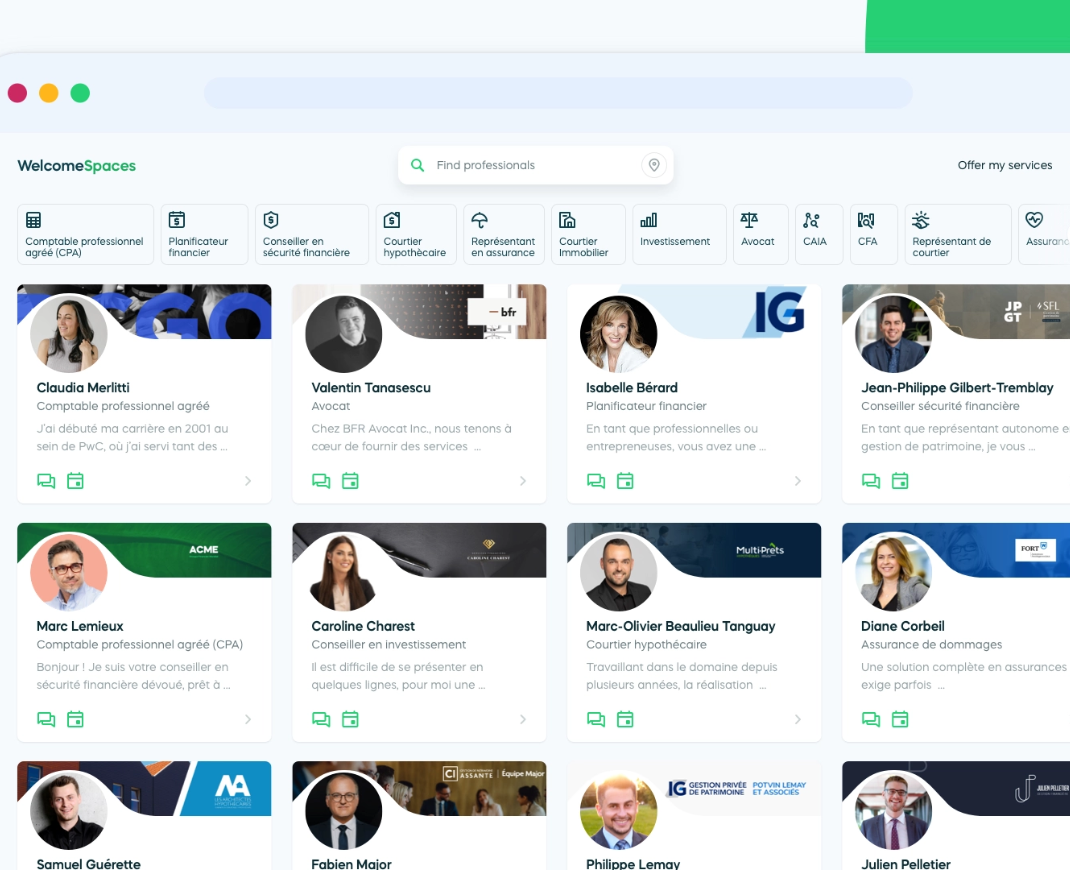 Welcome Spaces vous offre l'opportunité de trouver les experts financiers (indépendants ou institutionnels) en ligne !